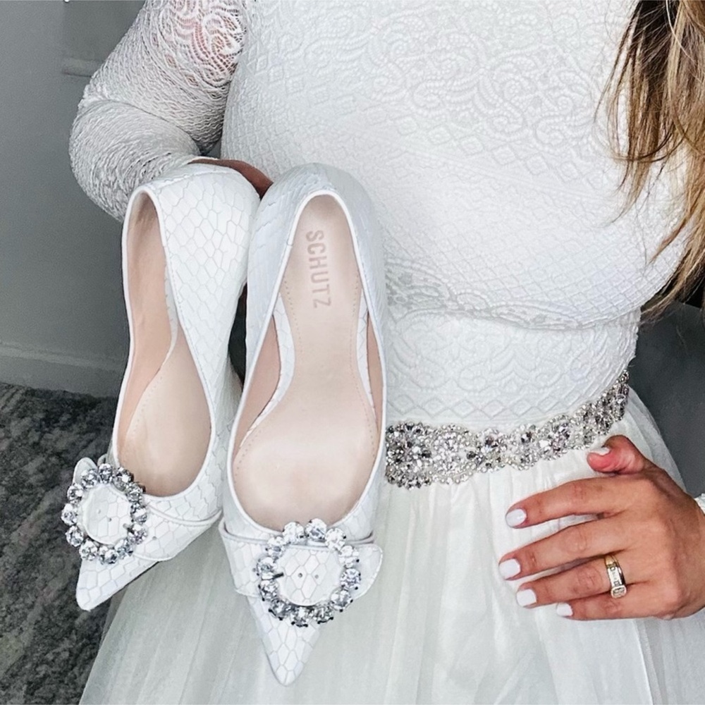 Schutz White Leather Rhinestone Heels - Picture 6 of 11